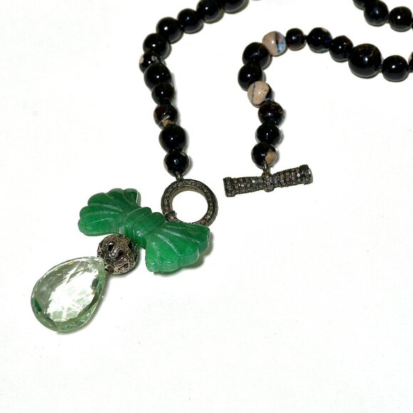 925 Silver Diamond & Aventurine Agatha Tear Drop Statement Toggle Necklace - Picture 4 of 5